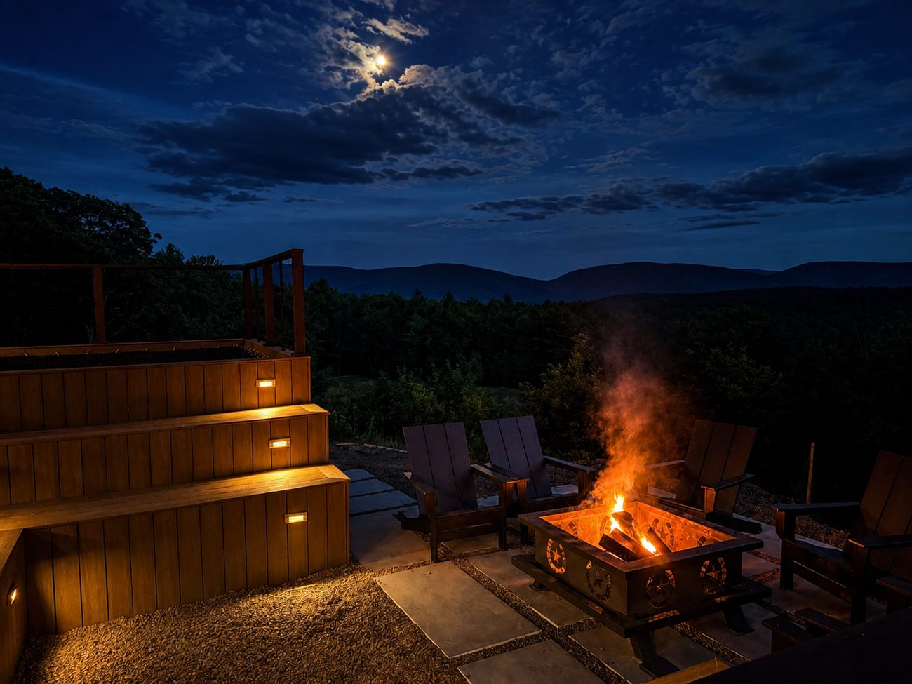 The fire pit beneath a moonlit sky