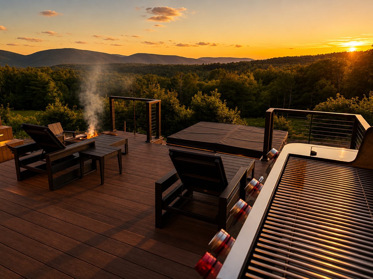 The grill and deck at sunset