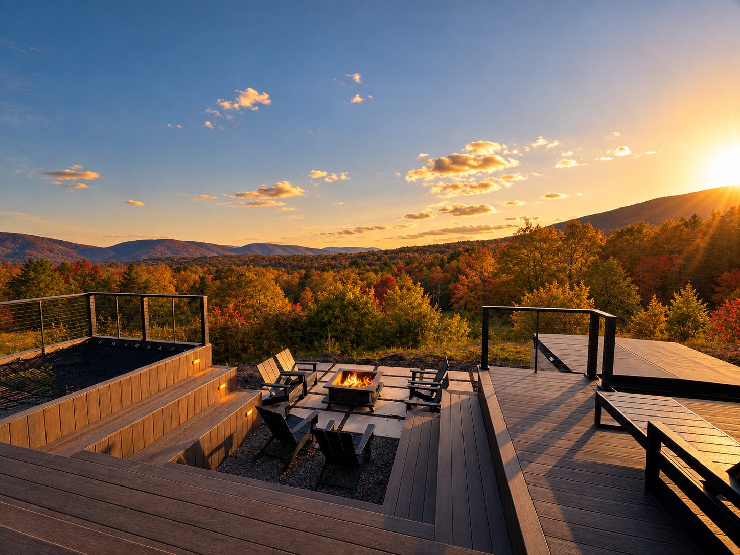 Sunset over the Catskills from the Le Sommet deck and fire pit