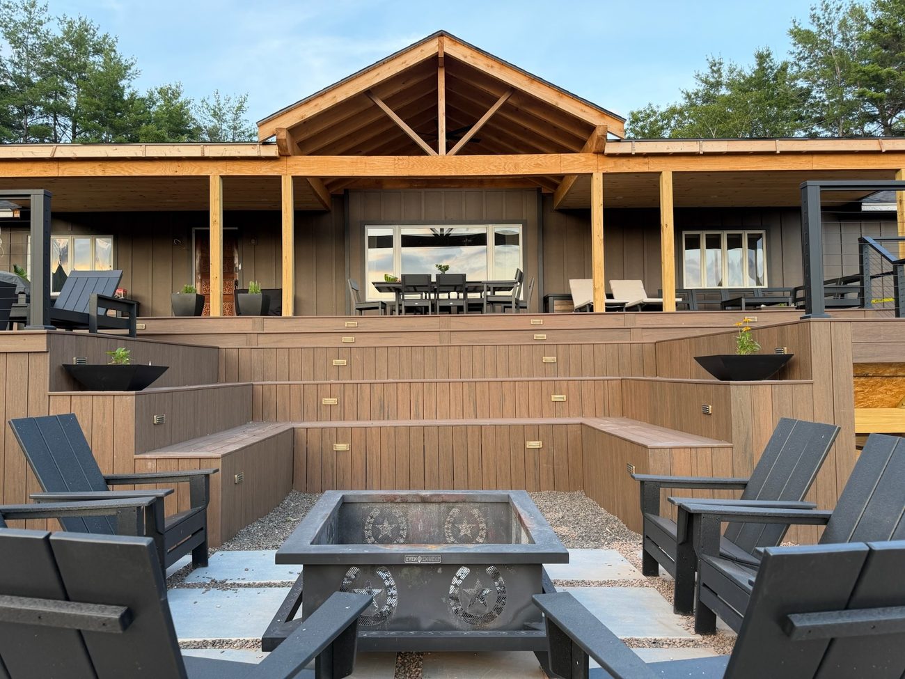 The stadium fire-pit seating and lodge