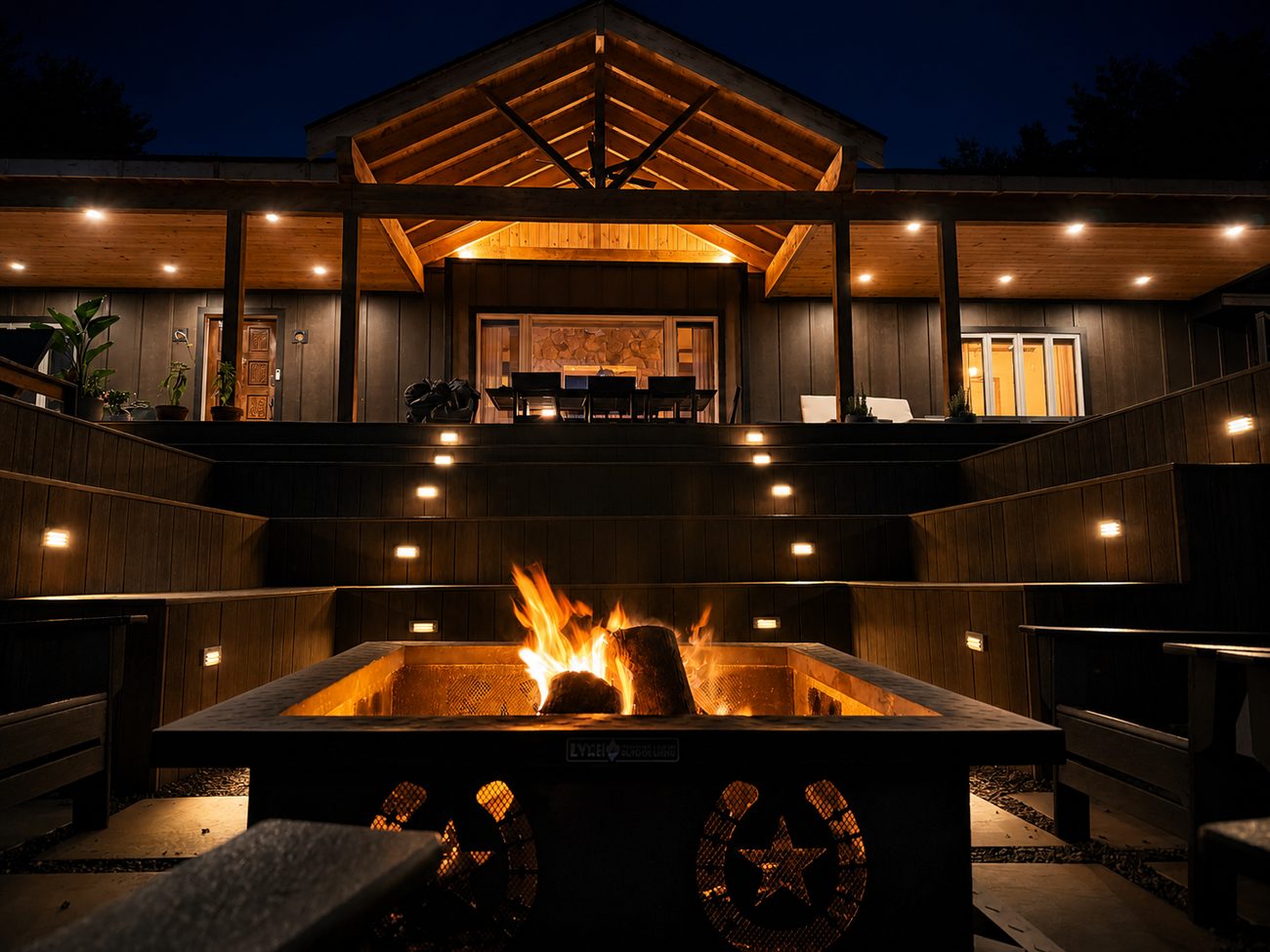 The lit lodge and fire pit at night